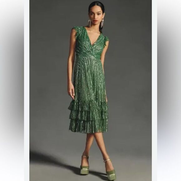 Mac Duggal Beaded Faux Wrap Flutter Sleeve Ruffle Dress NWT - Picture 1 of 9